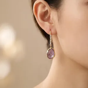 Boucles d'oreilles pendantes en améthyste violette naturelle, plaquées or 18 carats, design fantaisie, bijoux de mode pour femme, best-seller - Product Image 2