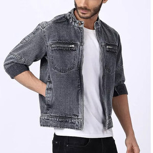 URBANGAZER Men's Stonewashed Denim Varsity Jacket Stand Collar <b>Covered</b> <b>Button</b> Closure Casual Winter Style Regular Fit Solid - Product Image 2