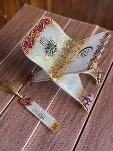 Premium Handmade Epoxy Resin Quran Stand With Rose Petals And Gold <b>Leaf</b> Religious Home Decoration Bookend Irregular Shape - Product Image 2