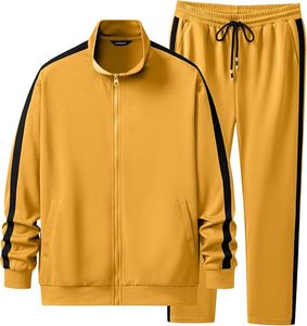 Chándal Amarillo Sólido para Hombre, Manga Larga, Cierre de Cremallera, Ropa Casual, Corte Regular, Atuendo de Otoño, Bolsillos Laterales, Poliéster - Product Image 1