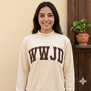 Women's <b>Pink</b> Turtleneck <b>Sweatshirt</b> With Purple WWJD Letter Print Regular Fit Full Sleeve Knitted Cotton Autumn Wear - Product Image 4