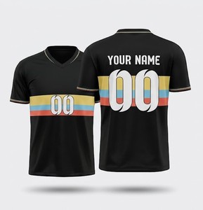 Maillot de football personnalisé pour homme, col en V noir, avec design rayé, impression sublimée, polyester respirant, manches courtes, sport adulte - Product Image 1