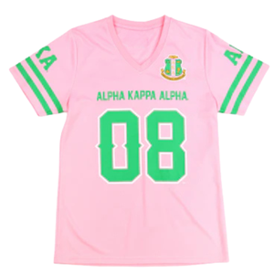 Camiseta con cuello en V AKA Pink Football, ropa de hermandad griega, camiseta con gráfico bordado, rosa, verde, blanco - Product Image 1