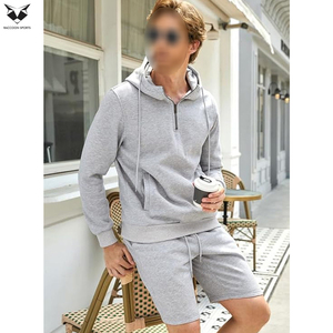 Men's 2 Piece Outfits In Gray Color Best Quality Half Zip Hoodie Sweatshirt Tracksuit Joggers Shorts <b>Set</b> With Pockets - Product Image 5