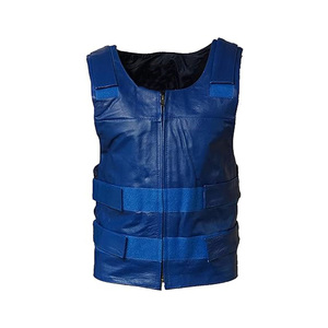 Chaleco de cuero sintético azul para hombre, estilo motero, cuello redondo, cierre de cremallera, sin mangas, para uso exterior, venta al por mayor, chaleco de cuero para motocicleta para hombre - Product Image 1