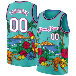 Venta al por Mayor Directa de la Industria OMMIZ, Jersey de Baloncesto Personalizado con Diseño de Palmeras Tropicales de Hawái en Rosa Agua, Azul Claro y Negro - Product Image 1
