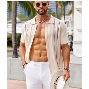 Camisas de Punto para Hombre, Casuales, de Manga Corta, con Botones, para Verano, Playa, Ajuste Elástico, con Cuello - Product Image 4