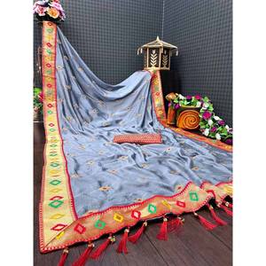 DISEÑADOR ZARI WORK SAREE CON BLUSA DESCOSTADA GRIS - Product Image 1