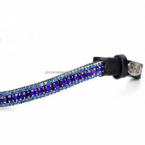 Nouvel arrivage Bande de front de cheval en cuir anglais noir en forme de vague sur mesure avec 3 rangées de cristaux de saphir Bande de front Mega Bling Wave - Product Image 6