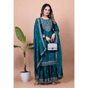 Conjunto Mujer Diseñador Sharara Suit y Dupatta con Secuencia Bordada Trabajo - Product Image 3