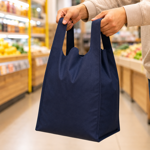 Sac fourre-tout bleu marine premium non tissé à découpe en W, robuste et réutilisable pour courses, emballage alimentaire, motif léopard, vente en gros directe usine - Product Image 4