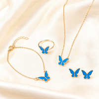 4 Pièces Parure de Bijoux Papillon Porte-Bonheur Classique pour Femme, Cadeau de Mariage, comprenant Bracelets, Collier Ras-de-cou, Boucles d'oreilles et Bague, en Émail Blanc Rose et Plaqué Or