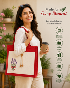 Sac fourre-tout en jute laminé rouge avec imprimé lavande et bouton en bois – Sac de courses écologique réutilisable pour mariages et expositions - Product Image 1