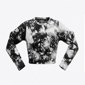 Women's <b>Black</b> White Tie Dye <b>Long</b> Sleeve Crop <b>Top</b> O-Neck Knitted High Stretch Spandex/Nylon Activewear Casual Autumn Wear - Product Image 2