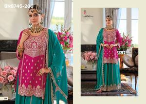 Collection de vêtements ethniques de qualité supérieure, tendance, en chinon avec broderies, comprenant kurta, palazzo et dupatta, fournisseur de vêtements ethniques de Surat. - Product Image 4