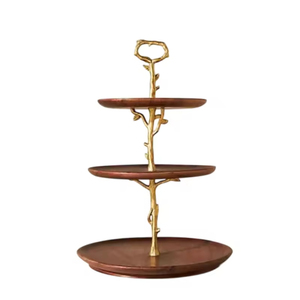 Luxurious <b>3</b>-<b>Tier</b> Wooden <b>Cake</b> <b>Stand</b> With Gold Branch Accent Elegant Walnut Finish Dessert Display For Weddings & Home Decoration - Product Image 4