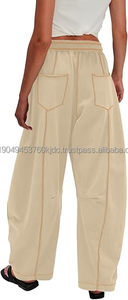 กางเกงวอร์มทรงบาร์เรลสำหรับผู้หญิง กางเกงขาบานทรงปาลาซโซ่ กางเกงลำลองรัดเชือกเอว มีกระเป๋า กางเกงลำลองใส่สบายสำหรับฤดูร้อน - Product Image 3