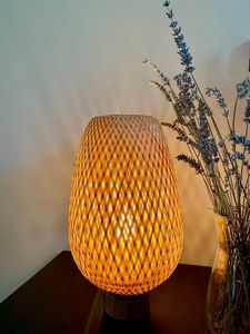 Handwoven Bamboo Cylinder Desk Lamp | Modern Tropical Bedside <b>Light</b> - Product Image 4