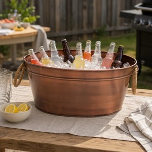 Seau à glace en cuivre avec poignées en corde, bac à boissons rond isolé pour les fêtes - Product Image 1