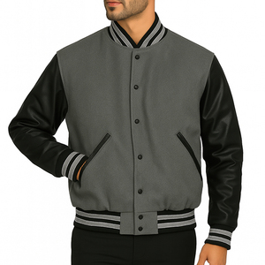 Men’s Heavyweight Varsity <b>Letterman</b> <b>Jacket</b> Custom College Bomber <b>Jacket</b> with Leather Sleeves Snap Button Closure Embroidery - Product Image 1