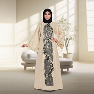 Abaya en lin avec panneau central brodé, coupe ample, manches longues, robe islamique contemporaine, tenue pour femmes du Moyen-Orient - Product Image 6