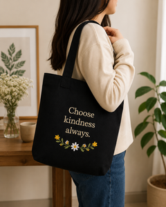 Sac fourre-tout en toile brodée « Choisissez toujours la gentillesse », motif floral noir, style minimaliste, sac de shopping toutes saisons - Product Image 3