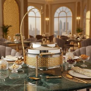 Plato para calentar de acero inoxidable plateado con diseño de celosía, tapa con gancho colgante, base perforada, incluye cuchara de servir a juego en el centro - Product Image 5