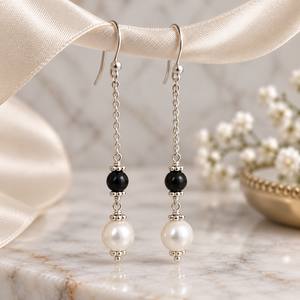 JEWELTECH <b>Black</b> Onyx Freshwater Pearl 8mm Bohemia Style Women's <b>Earrings</b> 925 Sterling Silver <b>Dangle</b> Handmade Engagement Wedding - Product Image 5