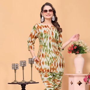 High Quality Mix Printed Women Co ord Set Poly Rayon Round Neck Two Piece Loungewear Set For Women Casual Summer Pant Suit - Product Image 1