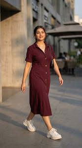 Robe chemise midi à col polo et manches courtes, couleur unie, en coton tissé, décontractée, respirante, coupe classique, pour femme, idéale pour l'été - Product Image 4
