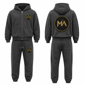 Conjunto Deportivo con Capucha para Hombre, Color Negro, 100% Algodón, Cierre Frontal con Cremallera, Bolsillo, Apliques Bordados, 480 Gsm - Product Image 1