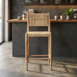 Chaise de comptoir en bois tressé à la main, dossier solide, design scandinave moderne pour bar à domicile, îlot de cuisine, salon, meubles - Product Image 1