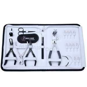 Kit completo de herramientas para extensiones de cabello de salón, incluye pinzas para microperlas, pinzas para remover, pinzas para extensiones de cinta, tijeras de gancho y bucle, y clips. - Product Image 1