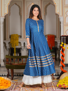 Womens Blue Rayon Golden Buti Printed Anarkali Kurta With Round Neck <b>Three</b> Fourth Sleeves Crafted For Global Ethnic Casual Wear - Product Image 2