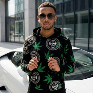 Sweat à capuche noir pour homme, imprimé crâne et feuilles, broderie 3D, en polaire, respirant, streetwear d'automne - Product Image 1