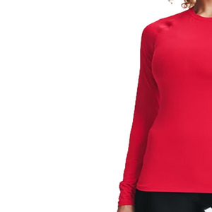T-shirt de compression personnalisé pour femme, rouge, à manches longues, séchage rapide, coupe ajustée, col rond, haut sportif en polyester tricoté - Product Image 2