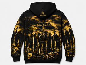 เสื้อฮู้ดสีดำลายกราฟิกสีทองสำหรับปาร์ตี้ฮาโลวีน สั่งทำได้ พร้อมปักโลโก้แบรนด์  ขายส่งจากโรงงาน - Product Image 4
