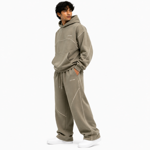 Ensemble de survêtement ample pour homme 2 pièces, sweat à capuche oversize avec passepoil contrastant, pantalon en molleton ample à taille élastique, logo personnalisé - Product Image 3