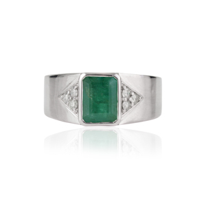 Bezel Setting 925 Sterling <b>Silver</b> 100% Authentic Octagon Shape <b>Emerald</b> & Diamond Wide Band Unisex <b>Ring</b> Party Wear Jewelry - Product Image 1