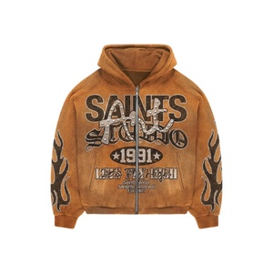 Sweat à capuche zippé surdimensionné personnalisé pour homme Saints Global, en molleton de coton, style streetwear, avec logo avant en strass embossé, bleu, vêtement d'hiver, USA - Product Image 4