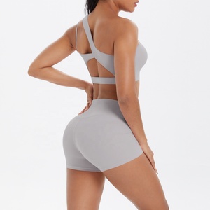 Seamless Gray 2 Piece Yoga Set Racerback Crop Top High Waist Shorts Solid Color Activewear - Product Image 6