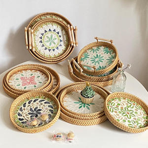 Ensemble de plateaux en rotin bohème, motif végétal rond, poignée décorative, plateau de service pour table à manger, lot multi-pièces - Product Image 3