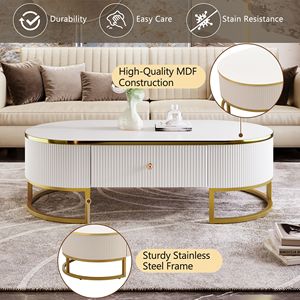 Tavolino da Caffè Ovale Moderno con Decorazioni in Metallo Dorato, Design a Profilo Curvo e Cassetti, Tavolo Centrale da 120 cm per Soggiorno - Product Image 5