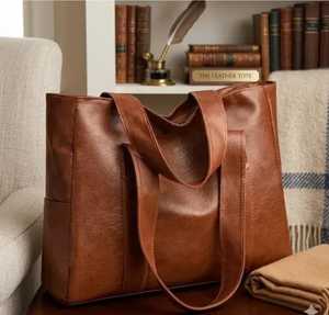 Classic Genuine Leather Waterproof <b>Zipper</b> <b>Tote</b> <b>Bag</b> Large Capacity Open Top Two Handles Shoulder Strap Unisex Daily Use Brown - Product Image 1