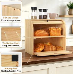 Boîte à pain en bois à 2 niveaux avec couvercle roulant, bac à pain en bois naturel, conteneur de rangement alimentaire, organisateur pour comptoir de cuisine, vente en gros - Product Image 5