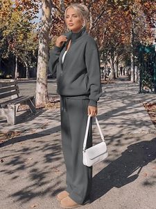 Ensemble de détente 2 pièces en polaire pour femme, gris uni, avec fermeture éclair et cordon de serrage, décontracté, toutes saisons, manches longues, coupe ample, sweat-shirt et pantalon - Product Image 6