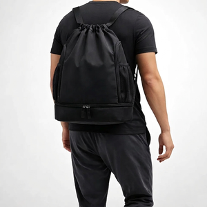 Unisex Black <b>Drawstring</b> Backpack With Mesh Side Pockets Lightweight Gym <b>Bag</b> Casual Style 20-30L Capacity Polyester Material - Product Image 5
