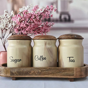 Juego de recipientes de cocina con diseño de mármol, tapa de madera y bandeja, elegante organizador de encimera para té, café y azúcar. - Product Image 6