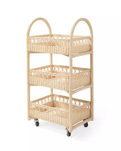 3-Tier <b>Rolling</b> Rattan Storage Trolley X-Pattern Woven Utility Cart with Wheels for Kids Room - Product Image 3