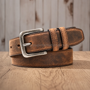 Wholesale Crazy Horse Leather <b>Belt</b> for Men Vintage Distressed Brown Grain Leather <b>Belt</b> with Antique <b>Silver</b> Pin <b>Buckle</b> - Product Image 2